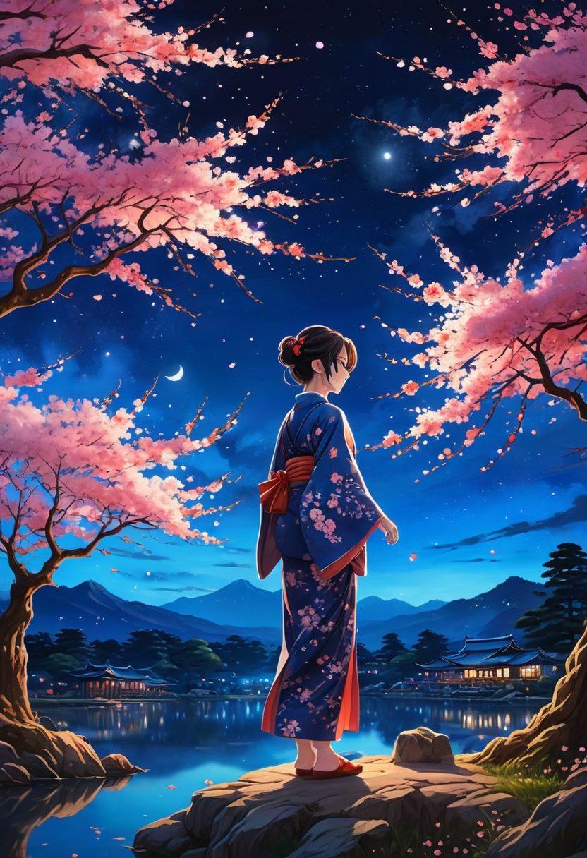 A captivating scene featuring an array of mature-themed anime characters in intricate poses, surrounded by vibrant cherry blossom trees and a moonlit sky. The characters should exhibit expressive emotions and unique art styles, displaying the artistry of hentai while remaining tasteful. Include elements of traditional Japanese culture, such as lanterns and watercolor effects, to enhance the atmosphere. super-realistic. vibrant colors. midnight blue background.